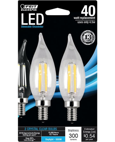 Feit Electric BPCFC40850LED2 Chandelier Flame Tip LED Light Bulb, 4.5 Watts, Clear