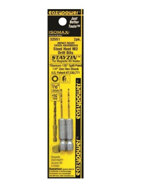Eazypower 32551 Magnetic Steel Heel M2 Drill Bits, 1/16" x 2"