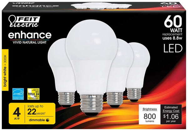 Feit Electric OM60DM/930CA/4 A-Line LED Bulbs, 9.5 Watts, 120 Volts