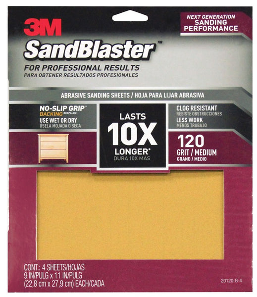 3M 20120-G-4 SandBlaster Sandpaper with No Slip Grip Backing, 120 Grit, 11" X 9"