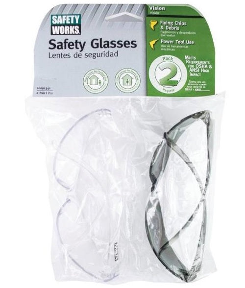Safety Works 10091341-21 Safety Glasses, Clear/Gray, 2/Pack