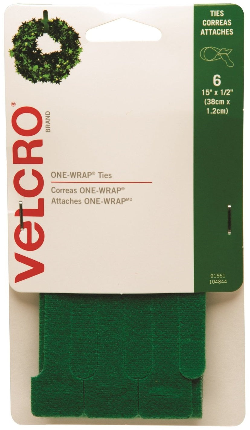 Velcro 91561ACS Holiday One-Wrap Ties, 15" x 12", Green, 6/Pack
