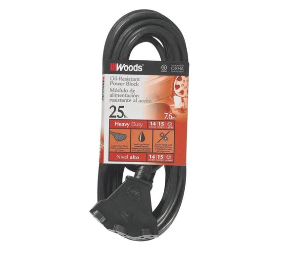 Woods 2451 Oil Resist Power Block Extension Cord, 25&#039;, Black