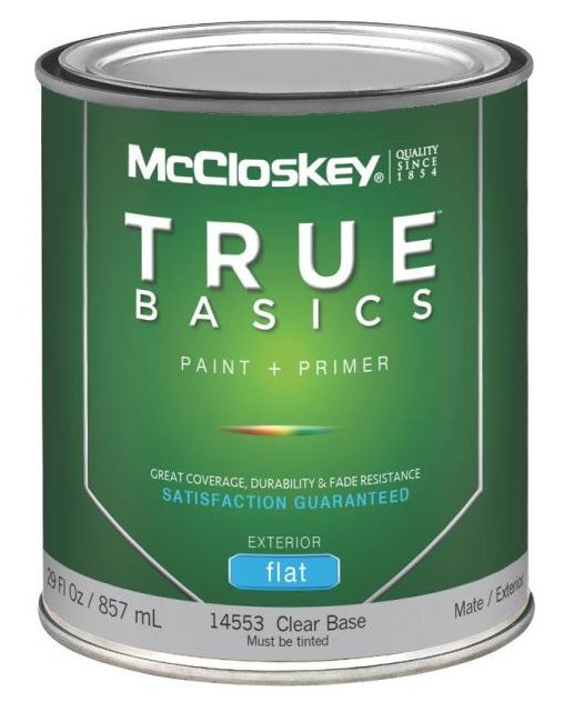 McCloskey 14553 True Basics Exterior Latex Flat Paint, Quart, Clear Base