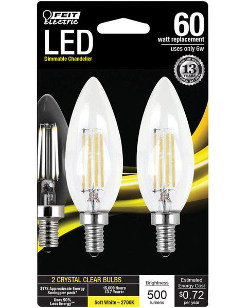 Feit Electric BPCTC60827LED2 Decorative Blunt Tip LED Light Bulb, 6 Watts, Clear
