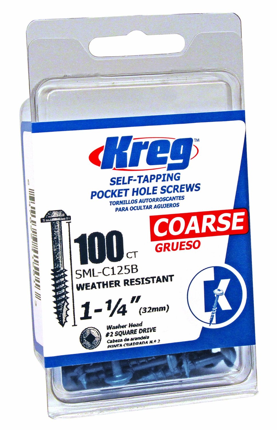 Kreg SML-C125B-100 Coarse Pocket Hole Screw, #8 x 1-1/4", 100Ct