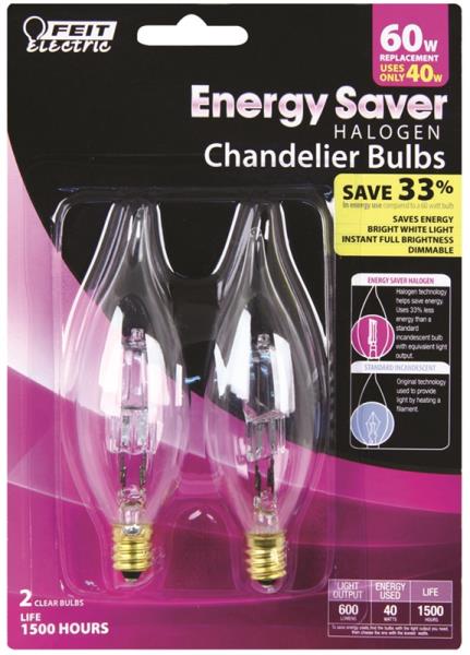 Feit Electric BPQ40CFC/2 Energy Saver Halogen Light Bulb, Chandelier, 40 Watts