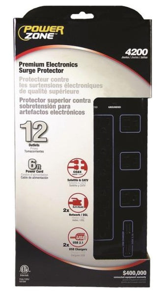 Power Zone OR504142 Surge Protector, 12-Outlets, Black