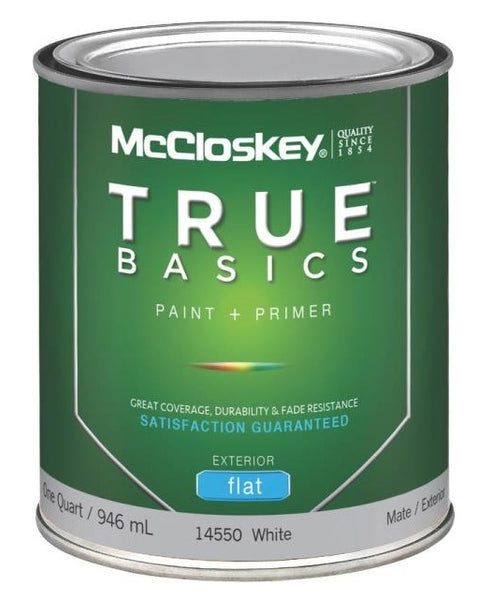 McCloskey 14550 True Basics Exterior Latex Flat Paint, Quart, White