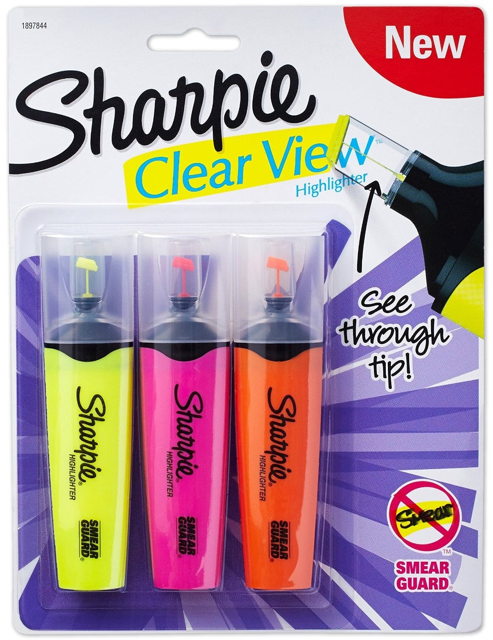 Sharpie 1897844 Clear View Highlighter, Assorted Colors, 3/Pack