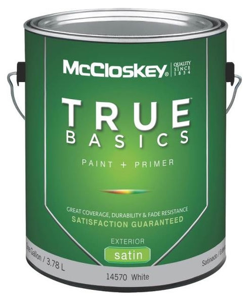 McCloskey 14570 True Basics Exterior Latex Satin Paint, Gallon, White