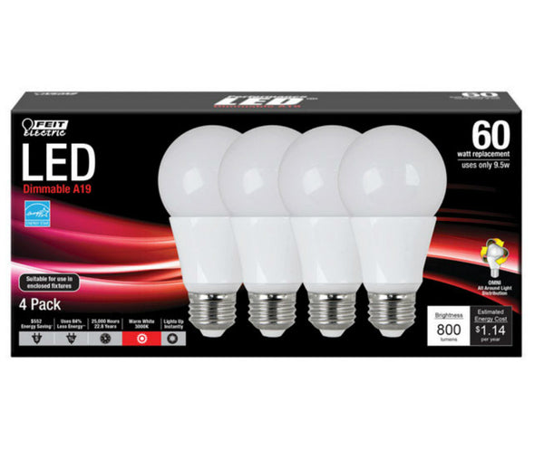 Feit Electric OM60/830/LED/4 Soft White A-Line Medium Base (E26) Light Bulb, 4/Pk