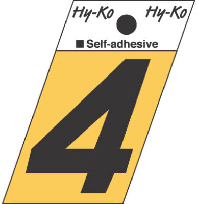 Hy-Ko GR-10/4 Press-On Aluminum Number 4 Sign, 1-1/2", Gold/Black, Angle Cut