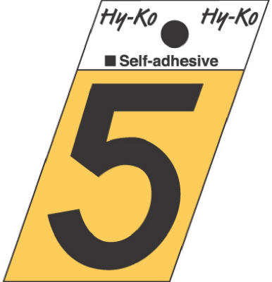 Hy-Ko GR-10/5 Press-On Aluminum Number 5 Sign, 1-1/2", Gold/Black, Angle Cut