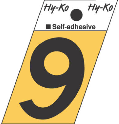 Hy-Ko GR-10/9 Press-On Aluminum Number 9 Sign, 1-1/2", Gold/Black, Angle Cut
