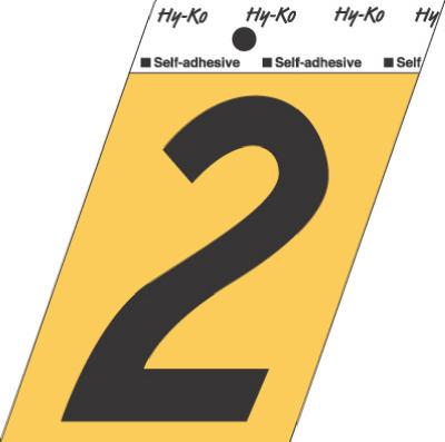 Hy-Ko GG-25/2 Press-On Aluminum Adhesive Number 2 Sign, 3-1/2", Gold/Black