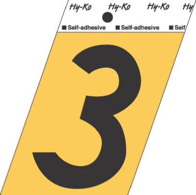 Hy-Ko GG-25/3 Press-On Aluminum Adhesive Number 3 Sign, 3-1/2", Gold/Black