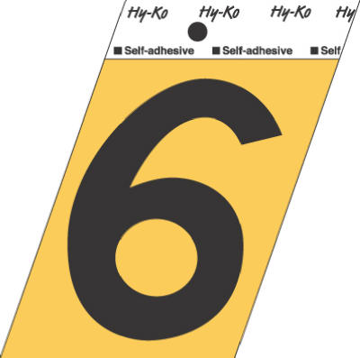 Hy-Ko GG-25/6 Press-On Aluminum Adhesive Number 6 Sign, 3-1/2", Gold/Black