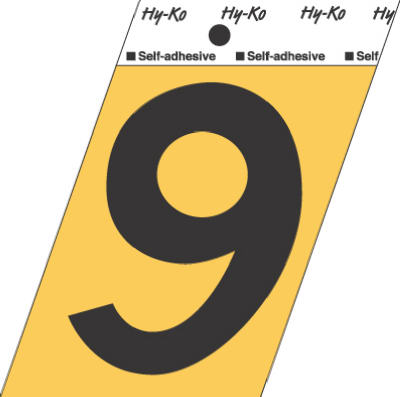 Hy-Ko GG-25/9 Press-On Aluminum Adhesive Number 9 Sign, 3-1/2", Gold/Black