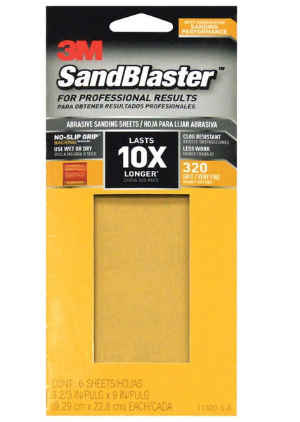3M 11320-G-6 SandBlaster Sandpaper w/No Slip Grip Backing, 320 Grit, 9" X 3-2/3"