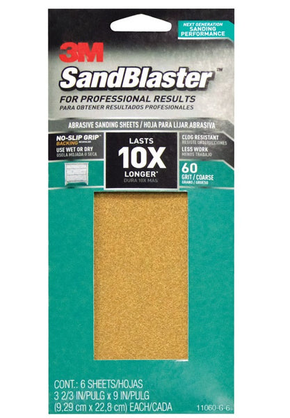 3M 11060-G-6 SandBlaster Sandpaper w/ No Slip Grip Backing, 60 Grit, 9" X 3-2/3"