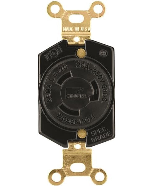 Cooper Wiring L620R Ground Lock Single Electrical Receptacle, 250 Volt, Black