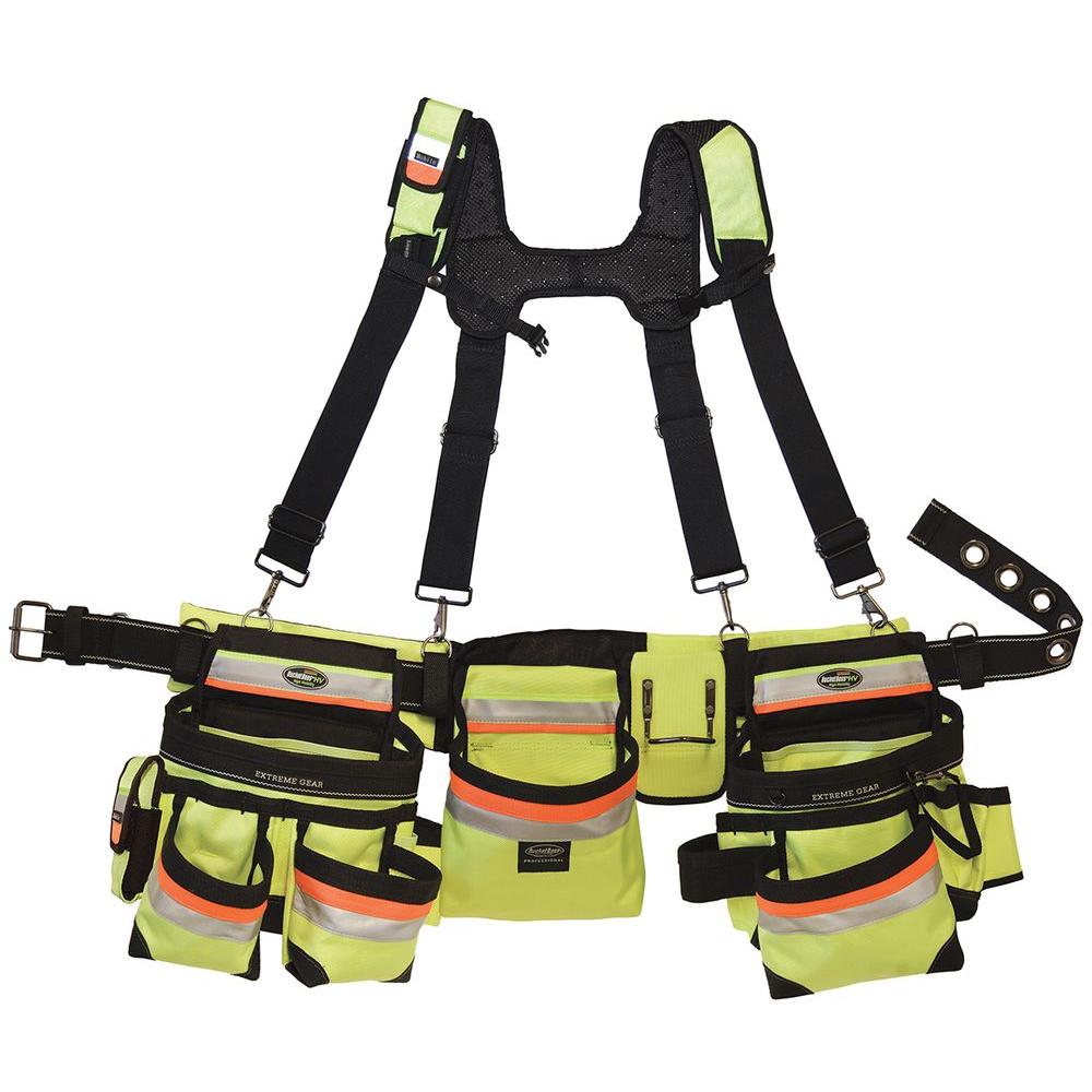 Bucket Boss 55185-HVOY Heavy Duty Hi-Vis Framer's Rig with 3 Bags & 29 Pockets