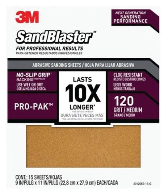 3M 30120ES-15-G SandBlaster Wet/Dry Abrasive Sand Paper, 9" x 11", 120 Grit