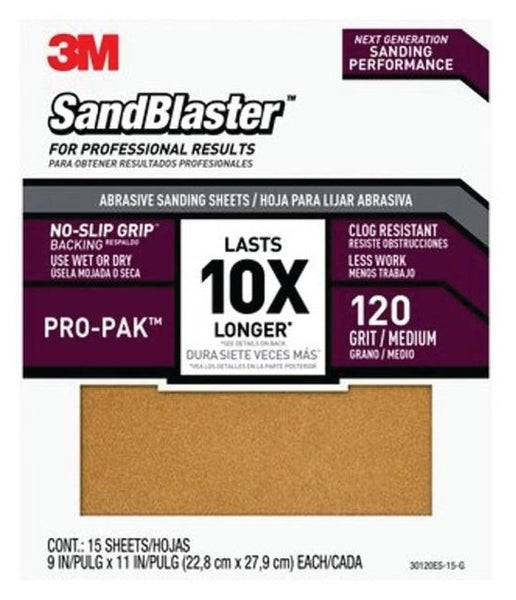 3M 30120ES-15-G SandBlaster Wet/Dry Abrasive Sand Paper, 9" x 11", 120 Grit