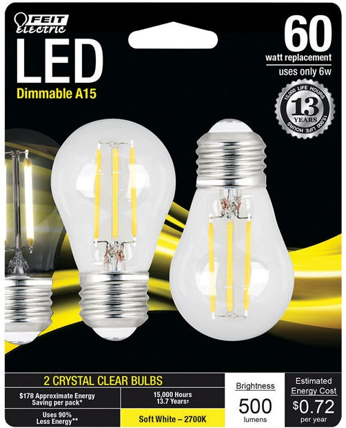 Feit Electric BPA1560827LED2 A15 LED Light Bulb, 6 Watts, Soft White, 2Piece/Pk
