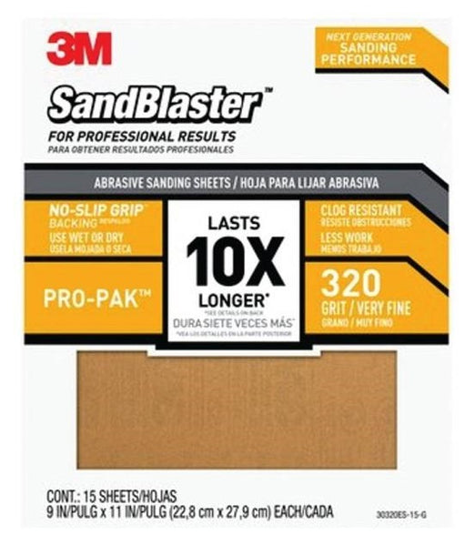 3M 30320ES-15-G SandBlaster Wet/Dry Abrasive Sand Paper, 9" x 11", 320 Grit