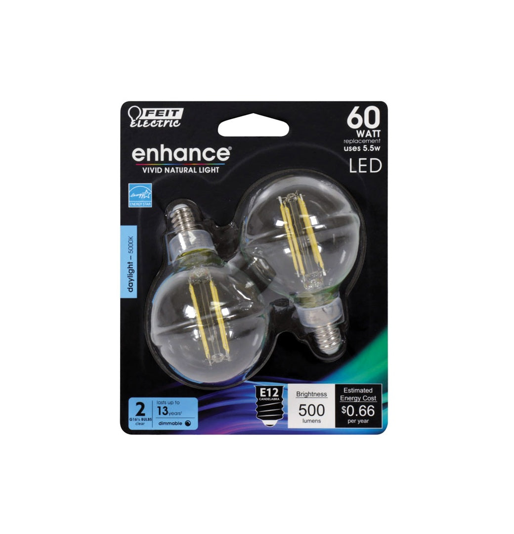 Feit Electric BPG1660950CAFL2 Enhance G16.5 Filament LED Bulb, 5.5 W