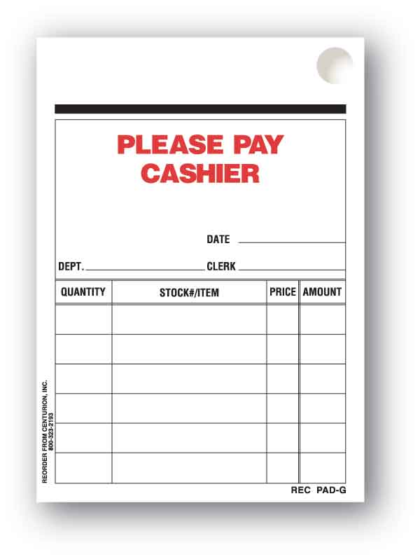 Centurion REC PAD-G Please Pay Cashier Receipt Pad