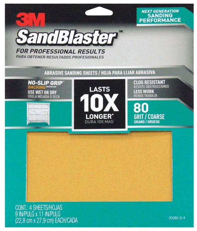 3M 20080-G-4 SandBlaster Sandpaper with No Slip Grip Backing, 80 Grit, 11" x 9"