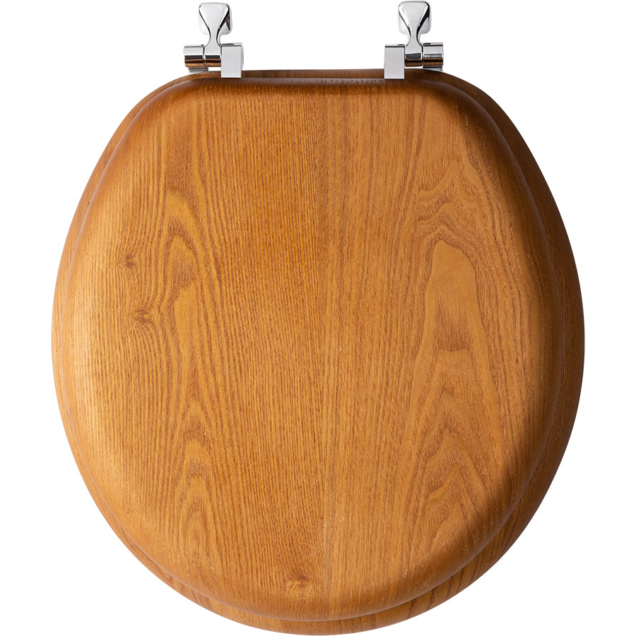 Mayfair 9601CP378 Round Wood Veneer Toilet Seat with Chrome Hinge, Natural Oak