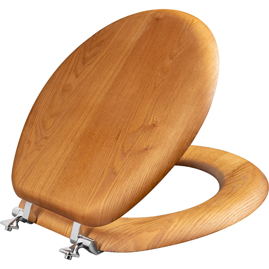 Mayfair 9601CP378 Round Wood Veneer Toilet Seat with Chrome Hinge, Natural Oak