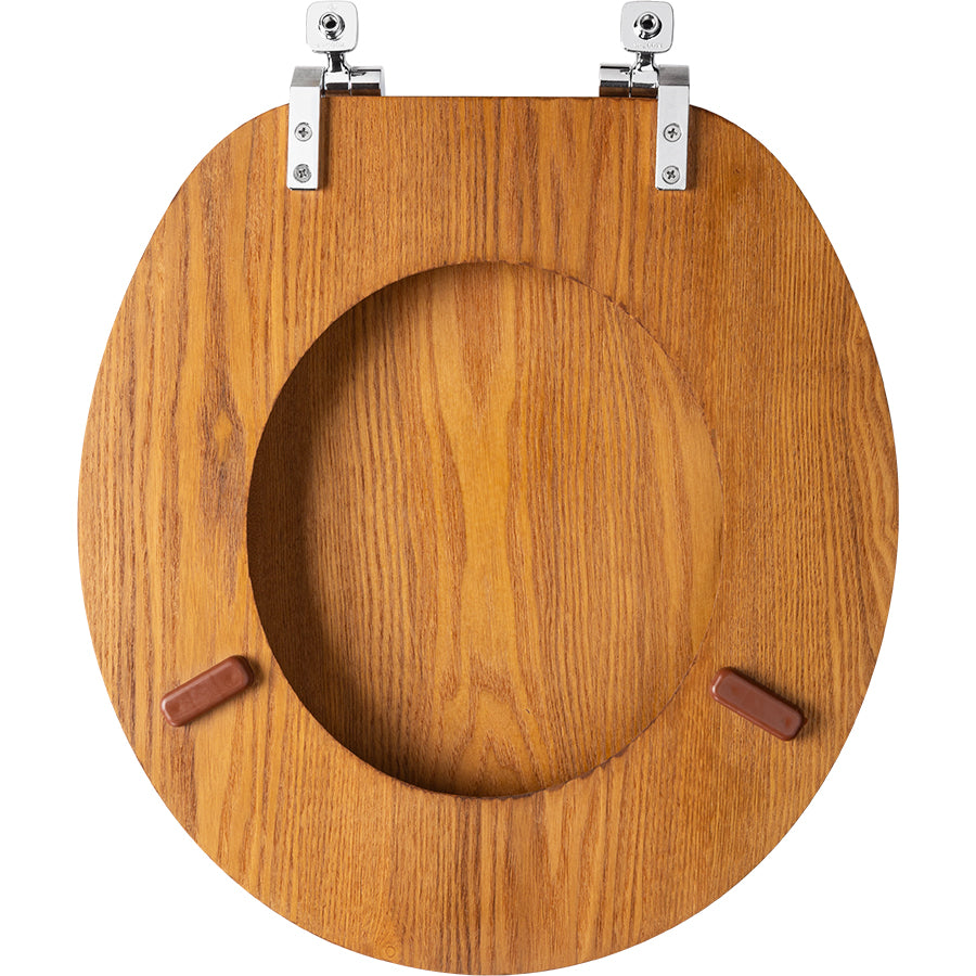 Mayfair 9601CP378 Round Wood Veneer Toilet Seat with Chrome Hinge, Natural Oak