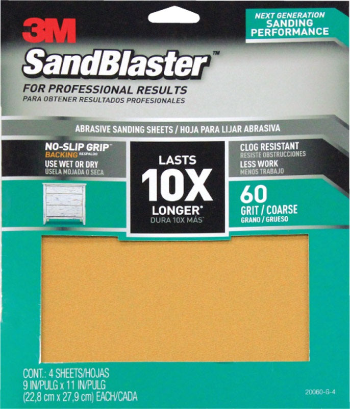 3M 20060-G-4 SandBlaster Sandpaper with No Slip Grip Backing, 60 Grit, 11" x 9"