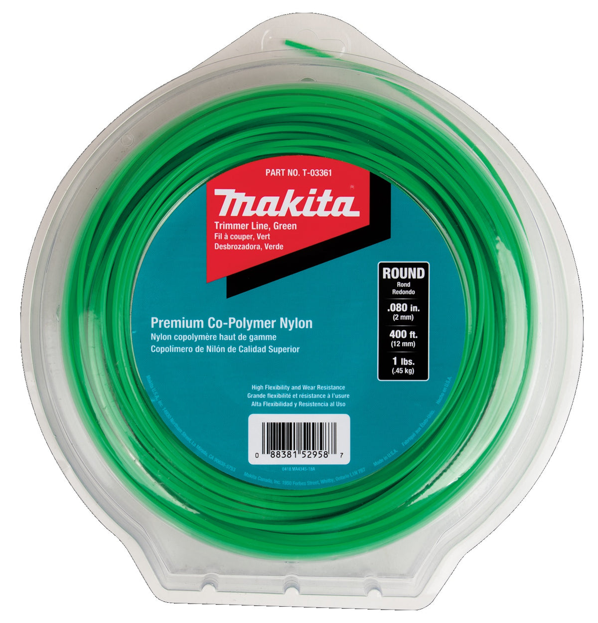 Makita T-03361 Round Trimmer Line, Green, 400 Feet