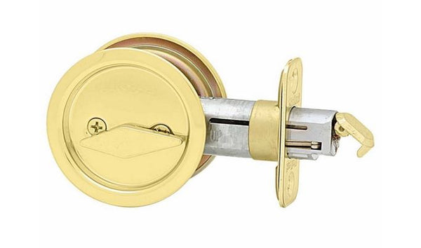Kwikset 335X3 Round Pocket Door Lock, Bright Polished Brass