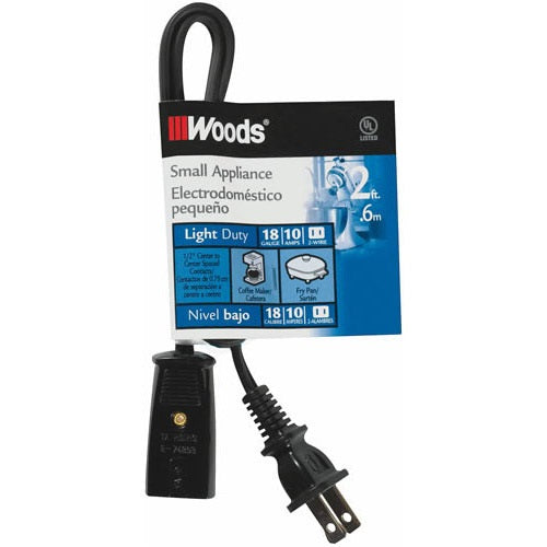 Woods 0293 Mini Plug Appliance Cord, 2&#039;, Black