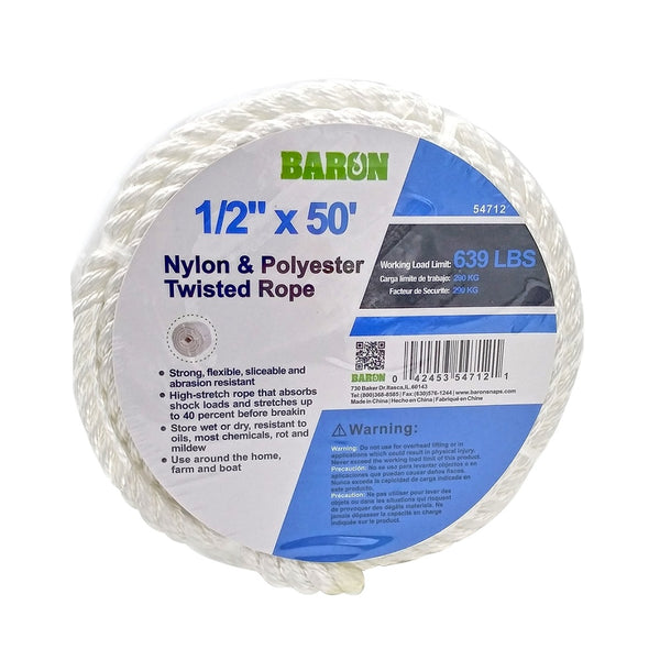 Baron 54712 Twisted Nylon Rope, White, 1/2 Inch x 50 Feet