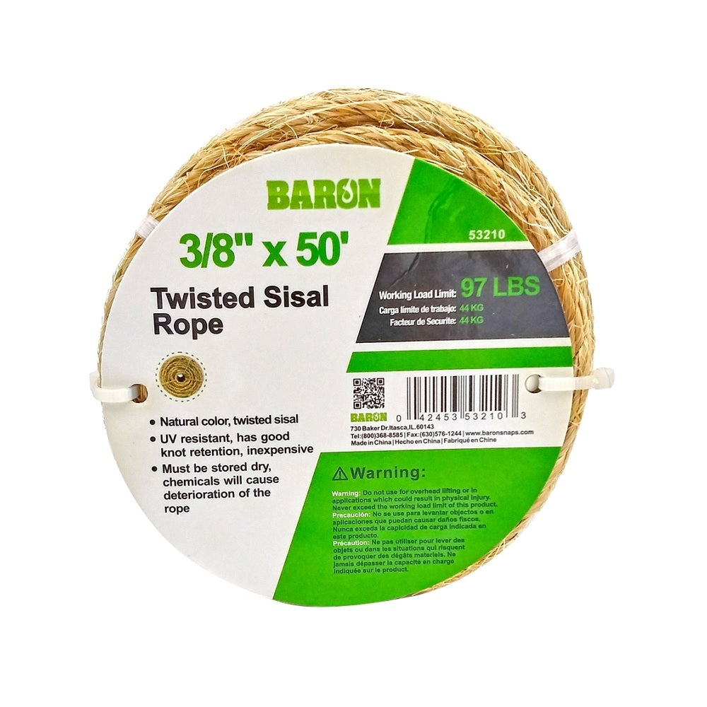 Baron 53210 Twisted Sisal Rope, 3/8 Inch x 50 Feet, Natural