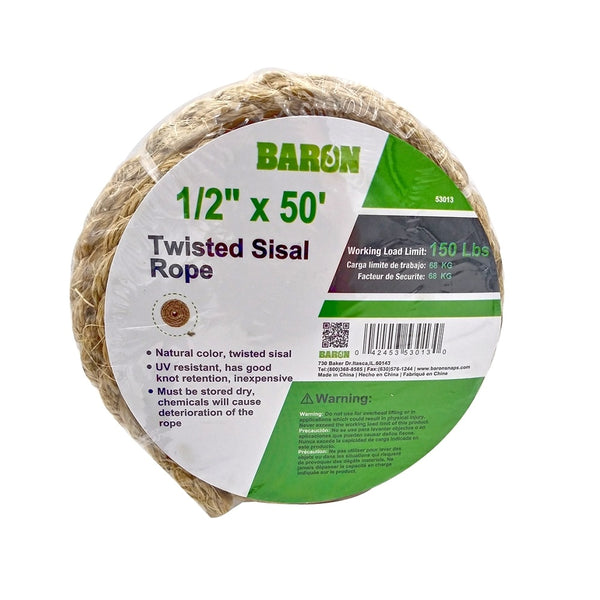 Baron 53013 Twisted Sisal Rope, 1/2 Inch x 50 Feet