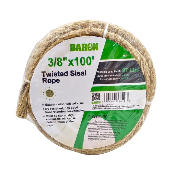 Baron 53012 Twisted Sisal Rope, 3/8 Inch x 100 Feet, Natural