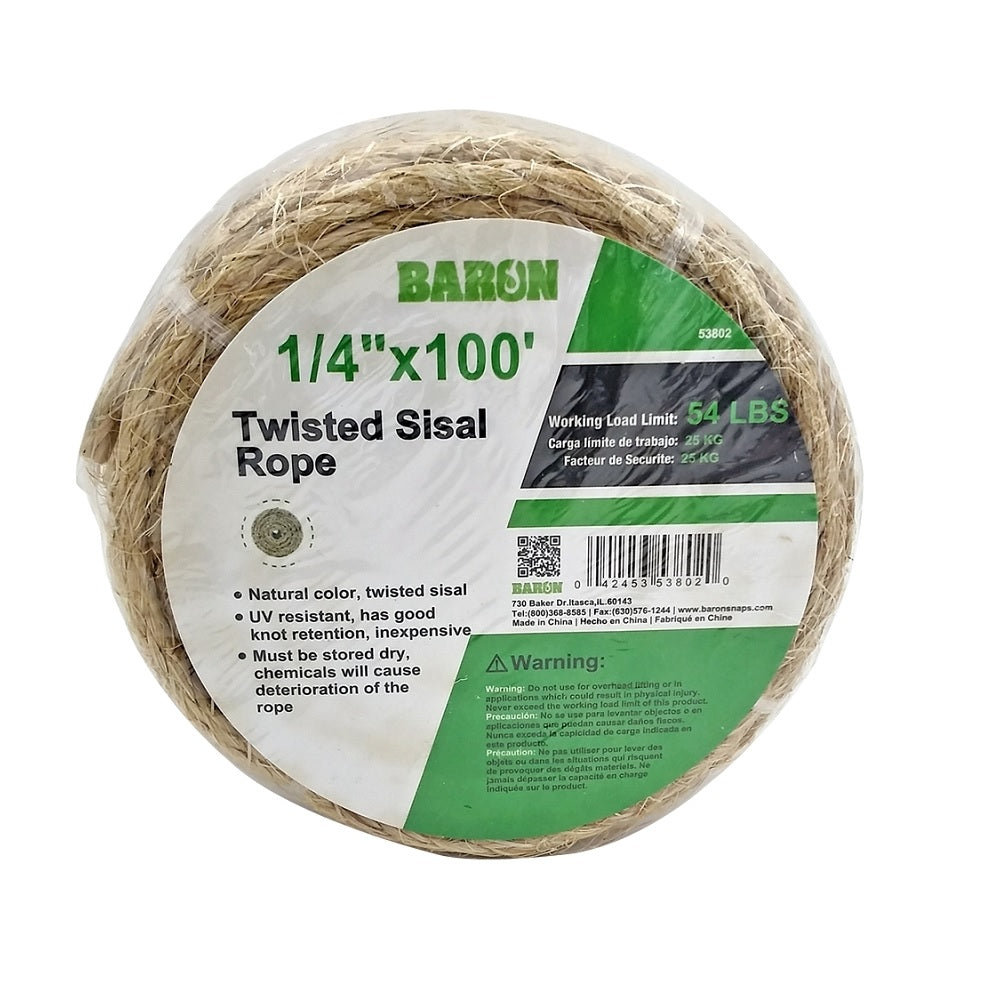 Baron 53802 Twisted Sisal Utility Rope, 1/4 Inch x 100 Feet