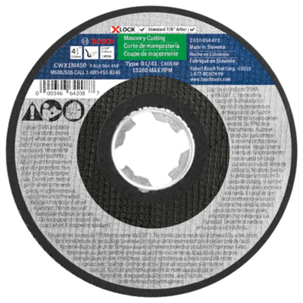 Bosch CWX1M450 X-Lock Arbor Masonry Cutting Abrasive Wheel, 4-1/2 Inch x 1/16 Inch