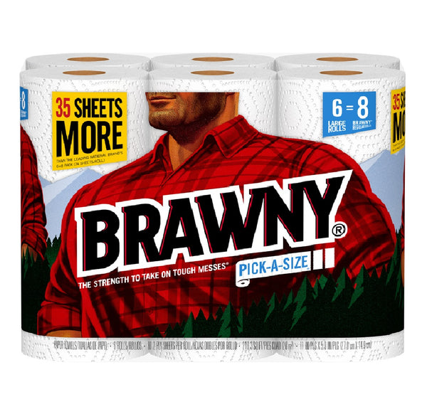 Brawny 44276 Tear-A-Square Paper Towels, White, 6 Giant Rolls