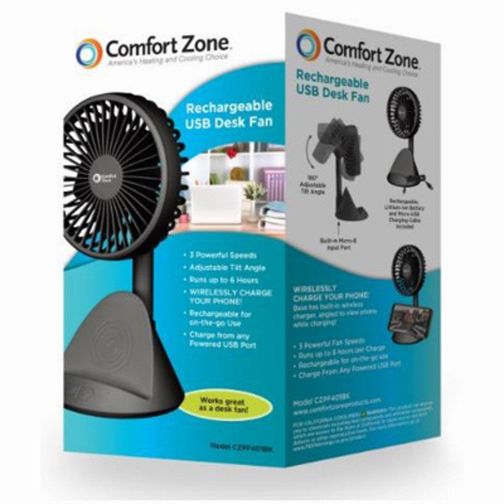 Comfort Zone CZPF401BK Portable Personal Cooling Fan & Wireless Charger, Black