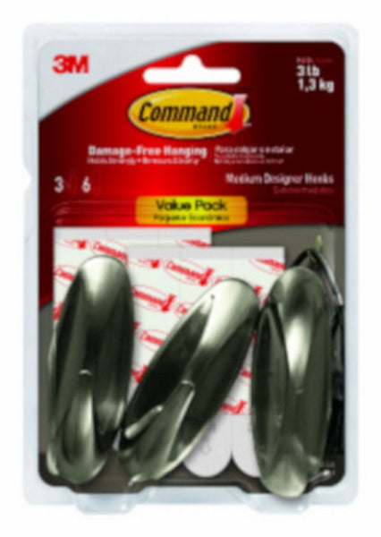 Command 17081BN-3ES Designer Medium Hook, Brushed Nickel